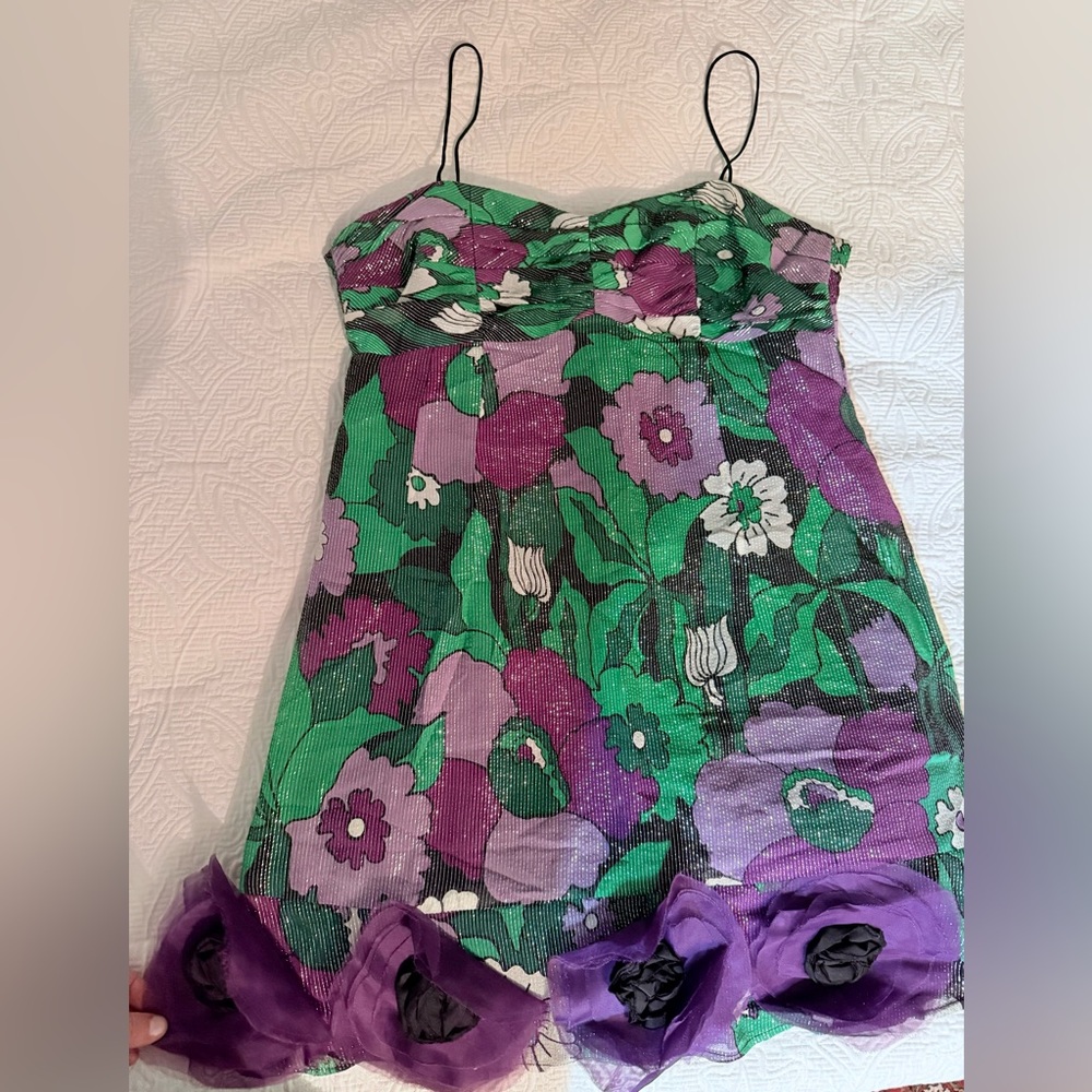 Beautiful emerald and purple floral cocktail dress.